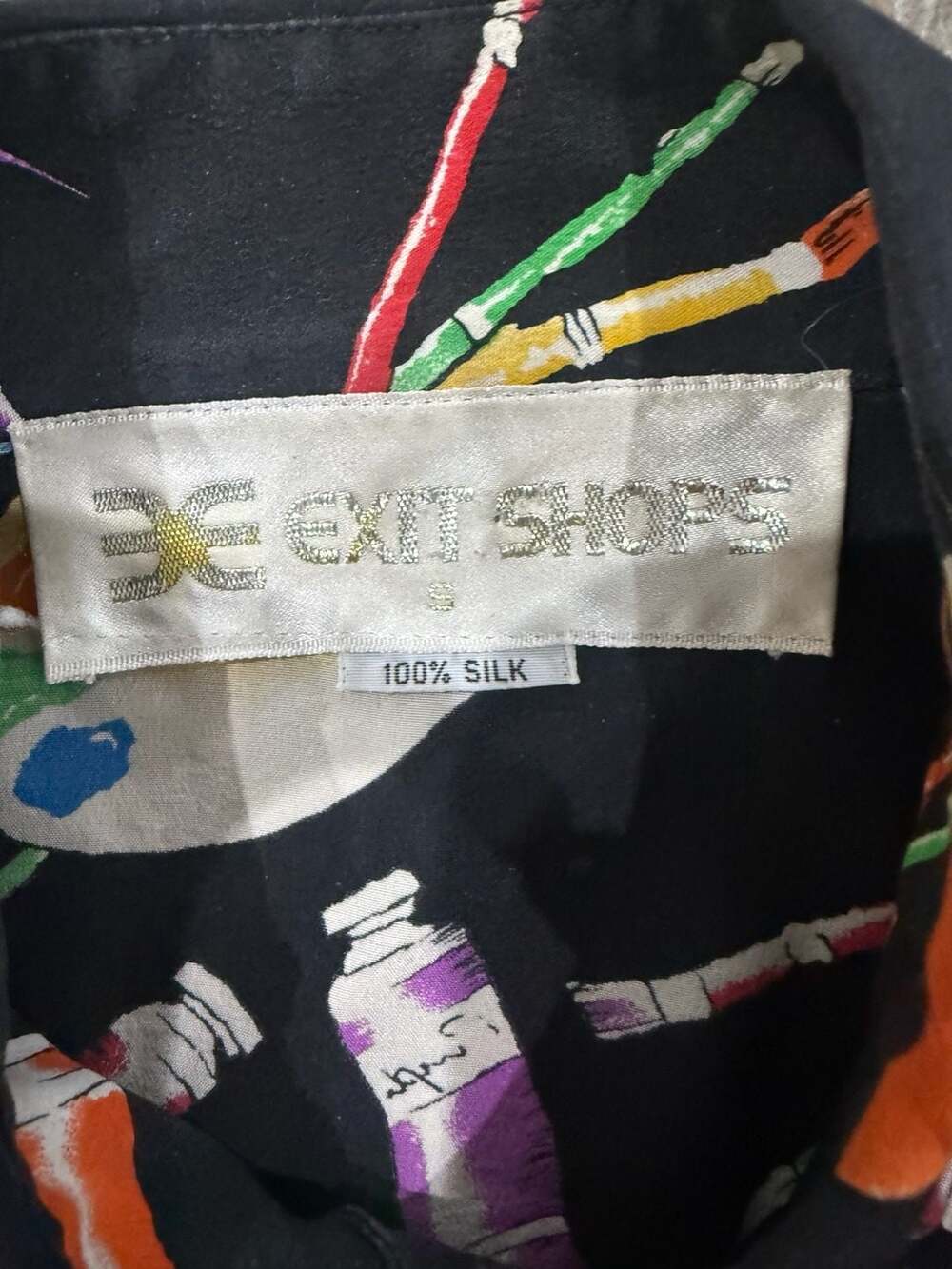 Vintage Exit Shops 100% Silk Beaded Paint Palette Art Print Button Down Shirt S - Picture 4 of 8